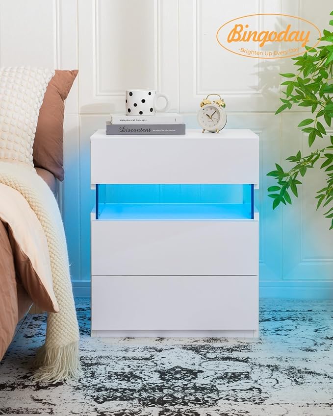 Bingoday LED Nightstand 2 Nightstands Bedroom set of 2 Bedroom Night Stands with Drawers Modern Bedside Table with 3 Drawers