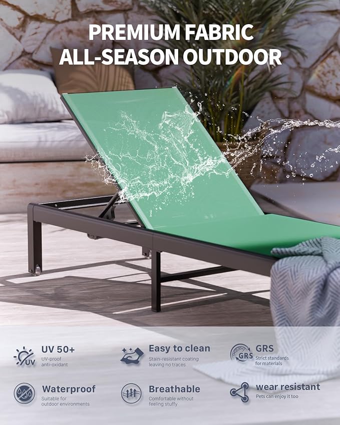 Aluminum Lounge Chairs Outdoor Chaise Furniture,2 Sets Patio Metal Deck Lounger Adjustable 5-Position Poolside Chase Recliner with Wheels for Beach,Coffee Table, (Green, 2 Chair)
