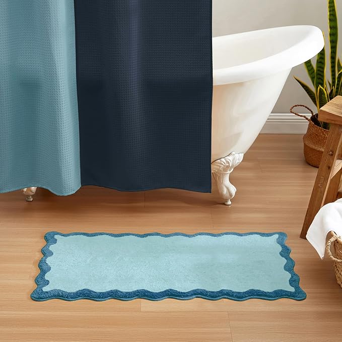 MONDAY MOOSE Bath Mat with Scalloped Wavy Ripple Design, Microfiber Absorbent Non Slip Tufted Rug for Floor, Shower or Kitchen (24x47 inch, Blue)