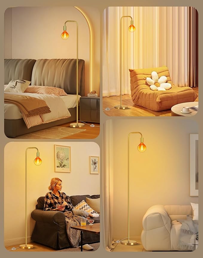 QiMH Floor Lamp for Living Room, Minimalist Industrial Standing Lamp with Clear Globe Glass LED Bulb, 2200K Warm Ambiant Lighting Decorative Modern Tall Lamp for Bedroom Office, Brushed Gold