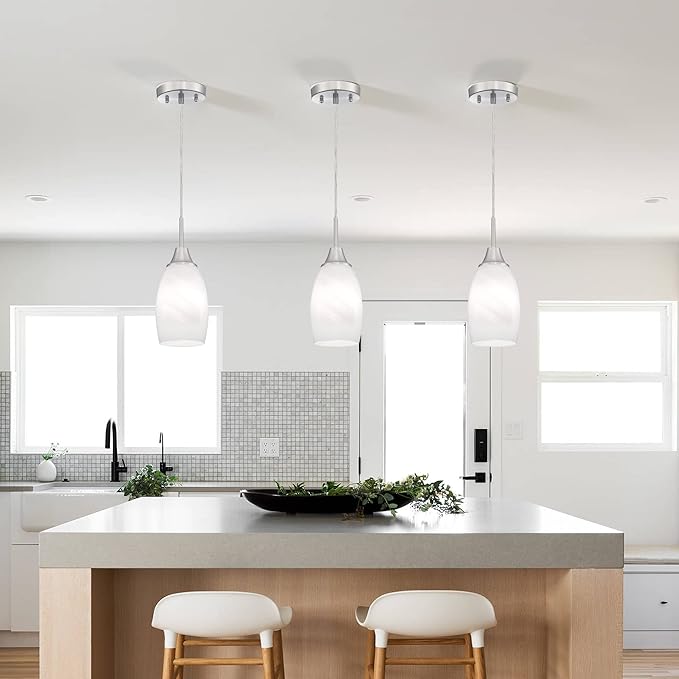 Mini Glass Pendant Light 1-Light with Handblown White Swirl Art Glass Adjustable Cord Brushed Nickel Finish 4.72" Modern Hanging Pendant Light for Kitchen Dining Room Living