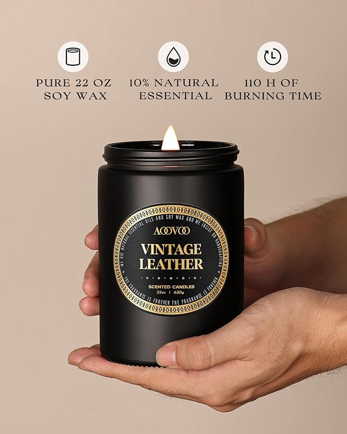 AOOVOO Scented Candles for Men - Large 22oz 120 Hours of Burn Time, Vintage Leather Candles for Home Scented | Crackling Wood Wick Soy Candle | Strong Fragranced Black Candle Gift for Women & Men