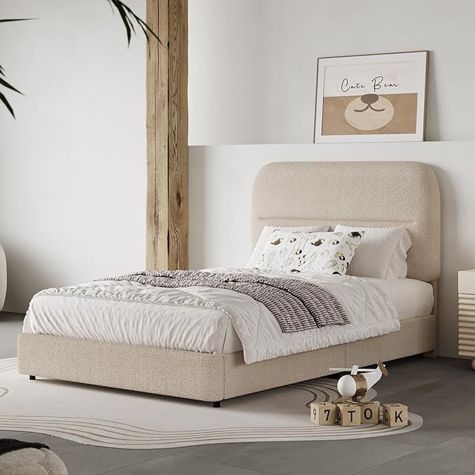 HOMBCK Twin Size Boucle Bed Frame, Upholstered Bed Frame with Headboard, Twin Bed Frames for Kids, Thickened Footboard/Rounded Corners/Adjustable Headboard/No Box Spring Needed/Easy Assembly, Beige