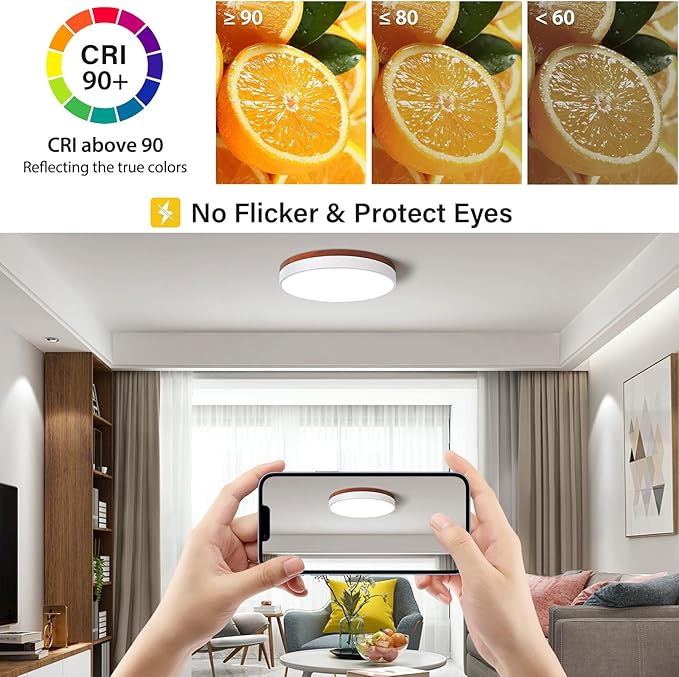 LED Dimmable Flush Mount Ceiling Light Fixture, White and Wood, 5CCT in One, Minimalist Round Ceiling Lamp, Modern Lighting for Kitchen, Bedroom, Hallway, Living Room, 15.7 Inch