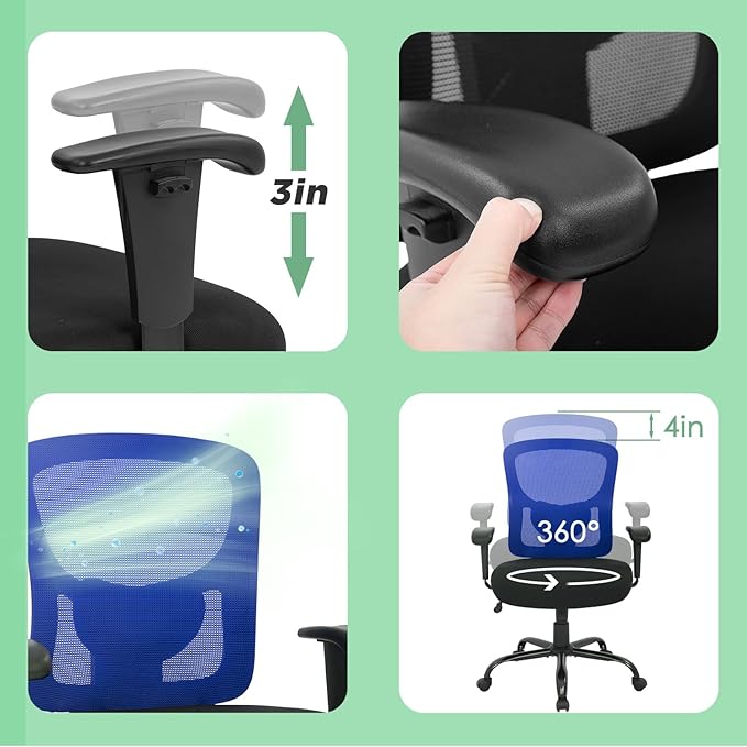 BestOffice Big and Tall Office Chair 400lbs Desk Chair Mesh Computer Chair with Lumbar Support Wide Seat Adjust Arms Rolling Swivel High Back Task Executive Ergonomic Chair for Home Office (Blue)
