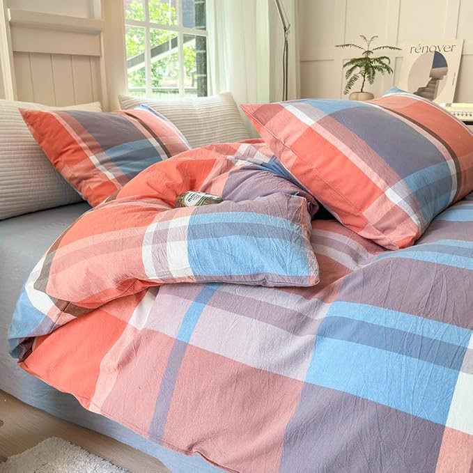 FACE TWO FACE Bedding Duvet Cover Set100% Washed Cotton Duvet Cover Linen Like Textured Breathable Durable Soft Comfy (Queen, Time Blue)