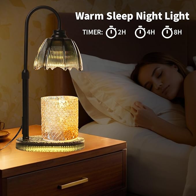 Candle Warmer Lamp with Timer: Adjustable Height and 4 Dimmer, Crystal Glass Base, Heater Wax Warmer for Jar Scented, Home Décor and Housewarming & Birthday Gift for Mom Woman, 2 Bulbs (Dark Green)