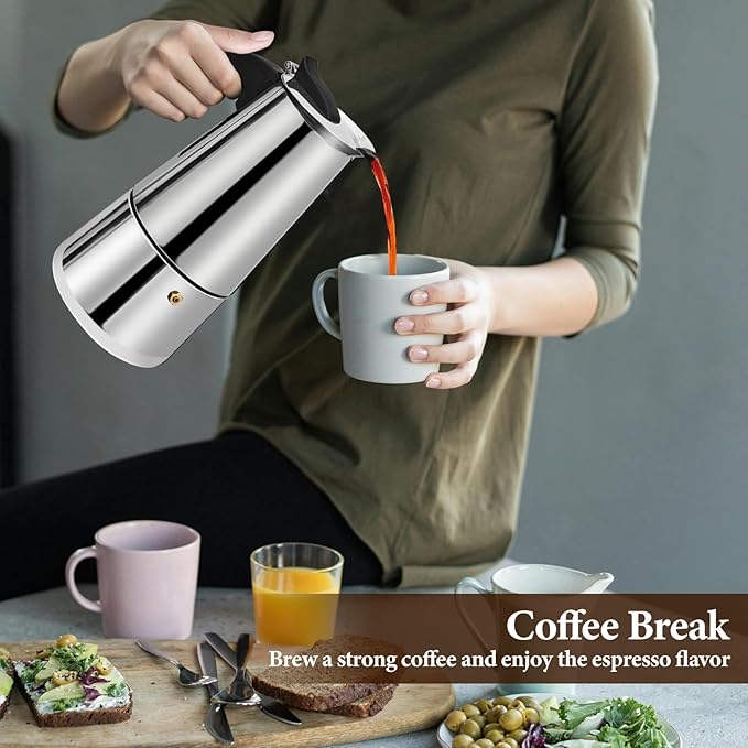 9 Cup Moka Pot Percolator Italian Coffee Maker 450ml Stovetop Espresso Mocha Stainless Steel Greca Coffee Maker Classic Cafe Makers Suitable for Induction Cookers Ceramic Stoves Straight