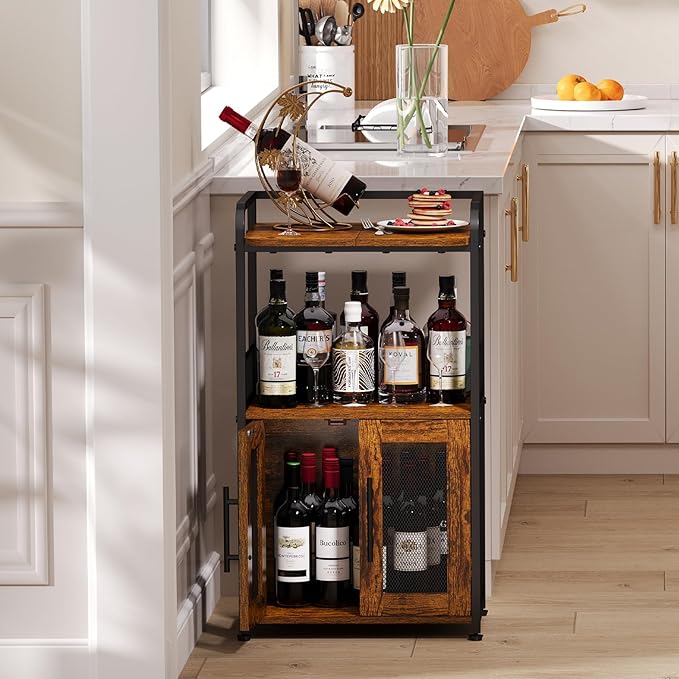 Coffee Cart, 3 Tier Coffee Cabinet with Storage, Small Coffee Station with 2 Doors, Movable Bar Cart with 4 Casters for Home Kitchen, Dining Room, Living Room (Rustic Brown) (Small)