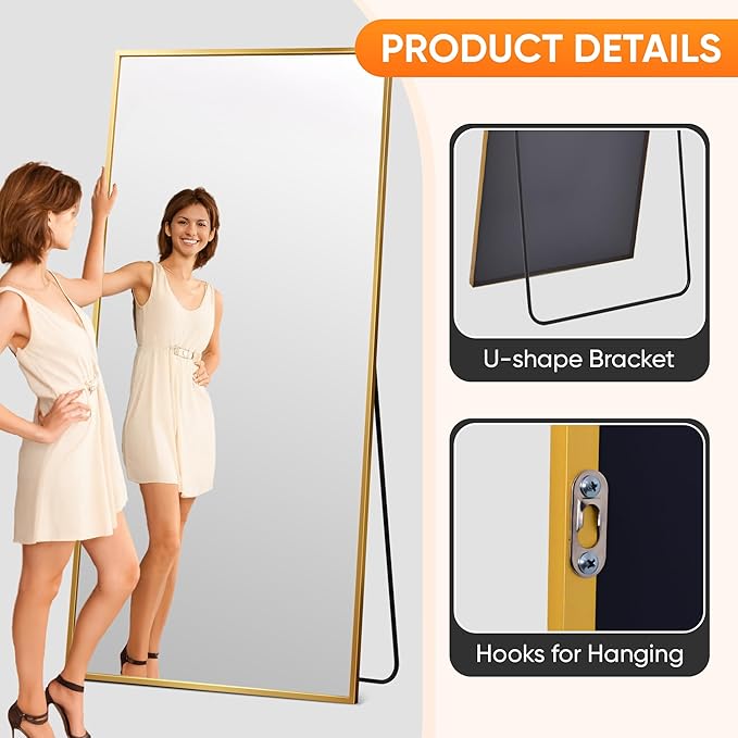 Suidia Full Length Mirror, 58"x21" Floor Standing Mirror Freestanding, Full Body Mirrors with Stand for Bedroom, Hanging Mounted for Living Room Cloakroom, Gold, Rectangular Style