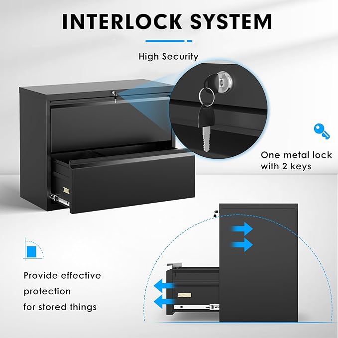 Pataku Lateral File Cabinet, 2 Drawer File Cabinet with Lock, Black Filing Cabinets for Home Office, Metal File Cabinet for Hanging Files/Letters/Legal/F4/A4(Black)