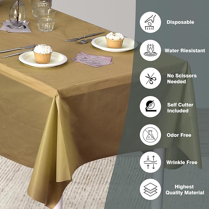 Craft And Party, 54 in x 300 feet Plastic Table Cover Roll for Party, Banquet, Picnic, Kids Activities for Any Size and Shape Table (Gold, 54" x 300ft)