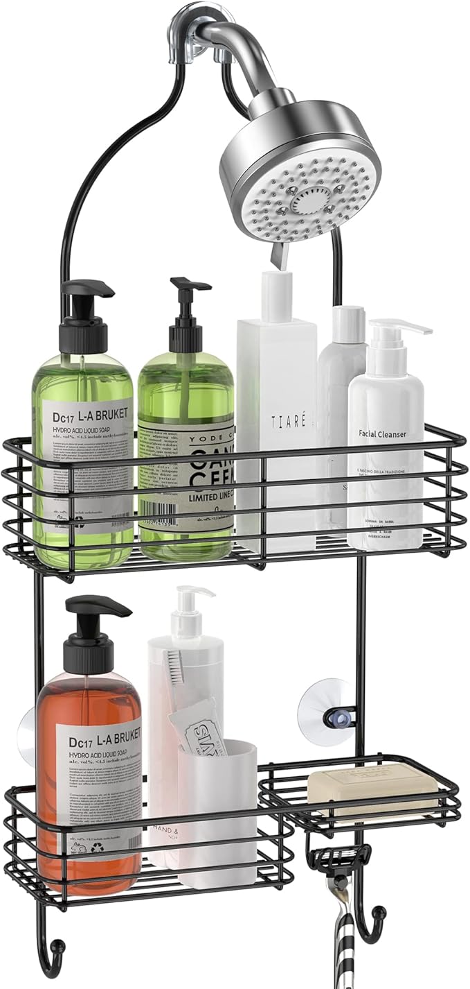 SMARTAKE Hanging Shower Head Caddy, Rustproof Bathroom Shower Shelf Organizer, SUS201 Stainless Steel Over The Storage Rack, for Toilet, Bathroom, Black