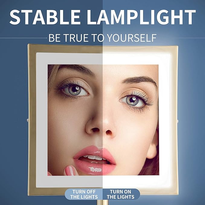 DOWRY Tabletop LED Lighted 5X Magnifying Makeup Mirror Square with Plug 8 Inch Polished Gold Finished