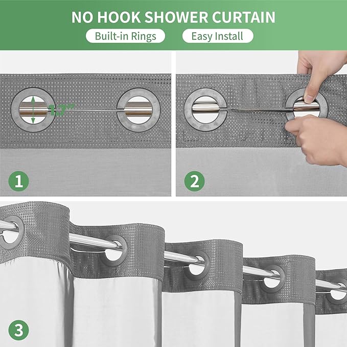 Long No Hook Shower Curtain with Snap-in Fabric Liner Set,Grey Waffle Weave Shower Curtains for Bathroom,Hotel Luxury Decor Bathroom Curtain Set,Waterproof & Washable,71Wx80H