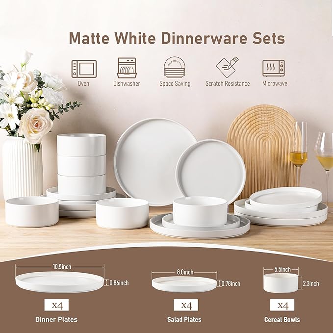 GBHOME Ceramic Dinnerware Sets for 4, Stoneware Plates and Bowls Sets, Chip and Scratch Resistant Dishes, Dishwasher & Microwave& Oven Safe Dishes sets, Reactive Glaze-White