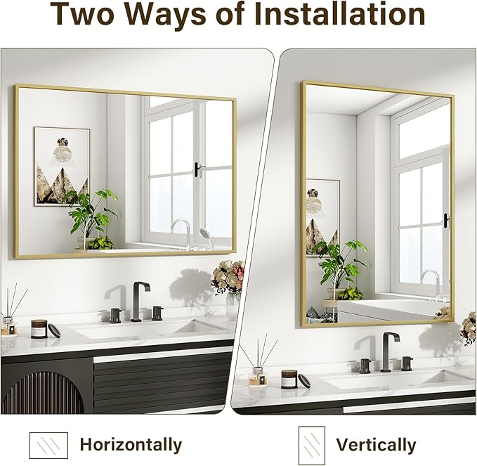 HARRITPURE 38"x26" Framed Bathroom Mirror for Wall Rectangle Mirror Aluminum Alloy Frame Wall-Mounted for Farmhouse Entryway Bedroom Living Room Gold