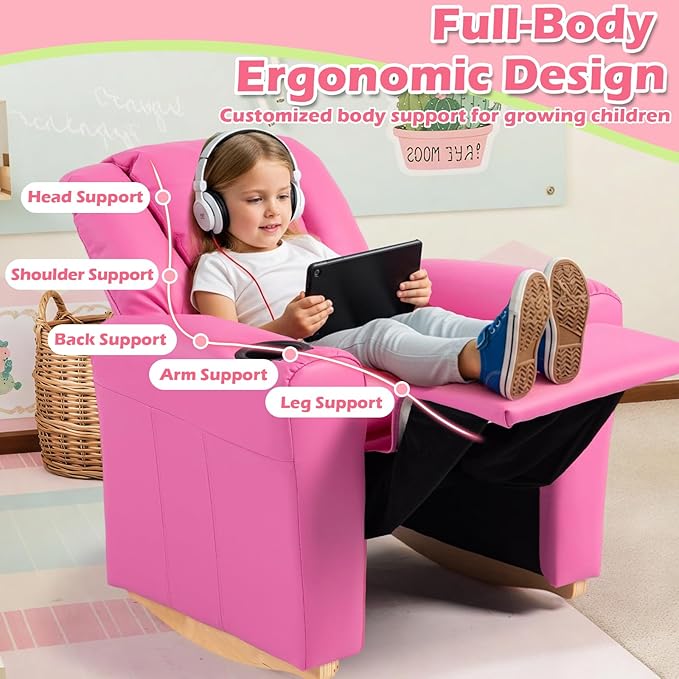 AVAWING Kids Recliner Chair with Cup Holder, Leather Toddler Recliner with Adjustable Backrest, Curved Rocking Legs and Comfy Armrests for Bedroom or Nursery, Pink