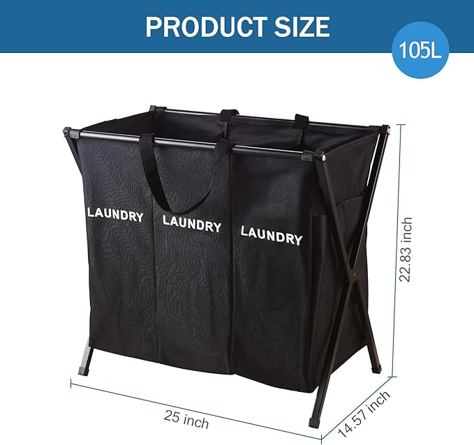 Laundry Basket Sorter 3 Section, Collapsible Laundry Hamper, 25" x 14.6" x 22.8" Dirty Clothes Basket for Bathroom Washroom Organization