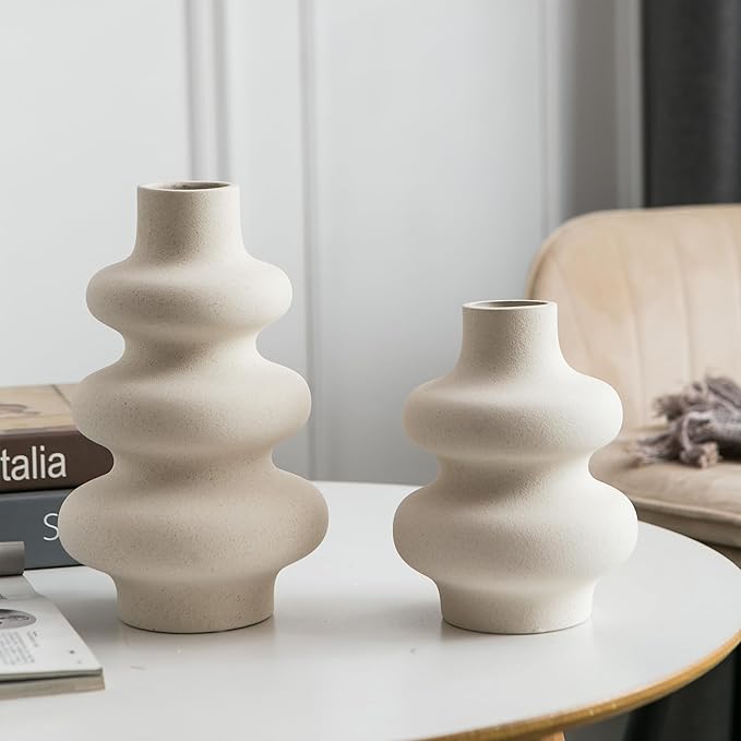 Ceramic Vase Set of 2, Off White Boho Vase for Modern Home Decor, Round Vases for Dried Flower, Pampas Grass, Pottery Vases for Office Centerpieces Wedding Dinner Table