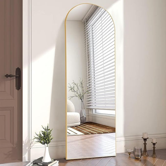 OLIXIS Arched Full Length Mirror 64"x 21" for Bedroom, Full Body Mirror with Stand, Hanging or Leaning for Wall, Aluminum Alloy Thin Frame Floor Standing for Living Room, Long, Classical Gold
