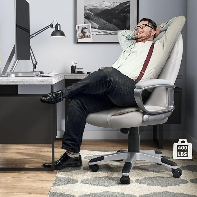 LEMBERI Office Desk Chair, Big and Tall Managerial Executive Chair, High Back Computer Chair, Ergonomic Adjustable Height PU Leather Chairs with Cushions Armrest for Long Time Sitting (White)