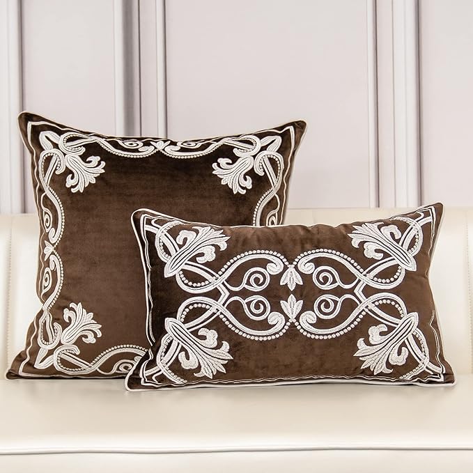 Aeckself European Floral Pillow Cover 12x20 Inch, Luxury Velvet Embroidered Decorative Lumbar Throw Pillow Cover for Couch Bedroom Living Room, Brown and White
