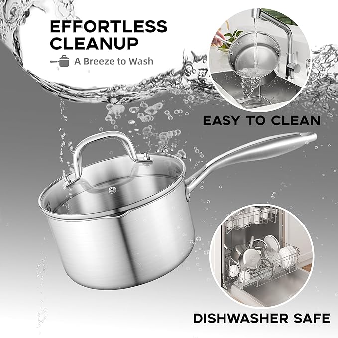 Leetaltree 1.5 Quart Stainless Steel Saucepan with Glass Strainer Lid, Thicken Tri-ply Ful Body, Multipurpose Sauce Pot with Two-Size Drainage Holes Lid, Perfect For Boiling Gravies, Pasta, Noodles