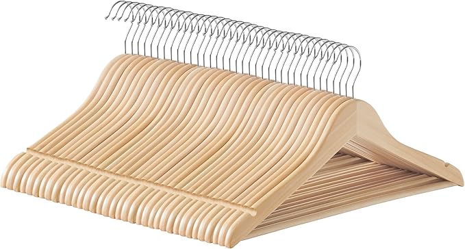 SONGMICS Wooden Hangers, Pack of 36, Coat Hangers, Non-Slip, Pants Bar, 360° Swivel Hooks, for Jackets, Shirts, Coats, Natural Beige UCRW010N36