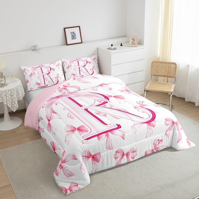 jejeloiu Kids Girls Cute Pink Bow Comforter Set King Size Monogrammed Bedding Set Ultra Soft Personalized Initial R Duvet Quilt Coquette Bow Knot Quilt Set Room Decor Modern Fashion Comforter