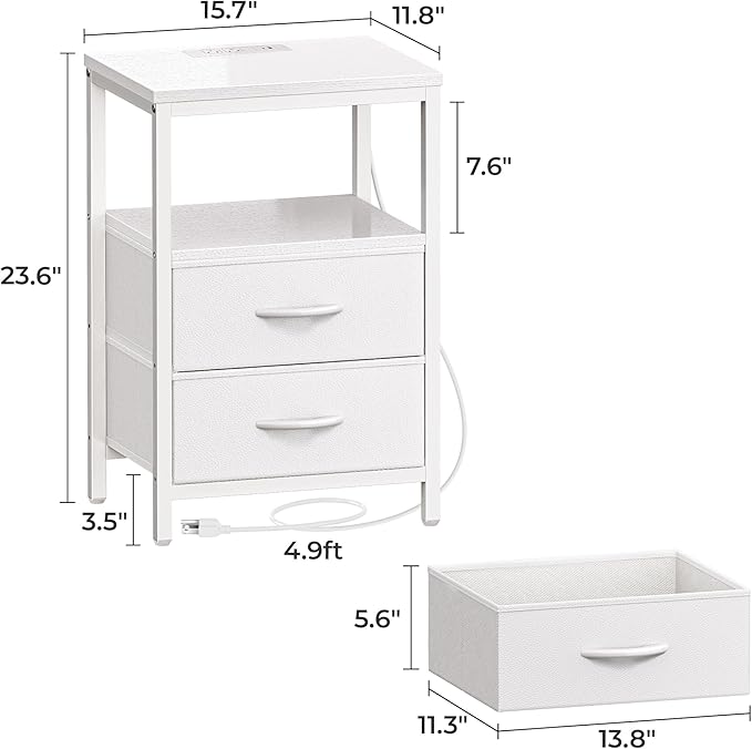 Huuger Nightstand with Charging Station, Side Table with Fabric Drawers, End Table with Open Shelf, Bedside Table with USB Ports and Outlets, Night Stand for Bedroom, White