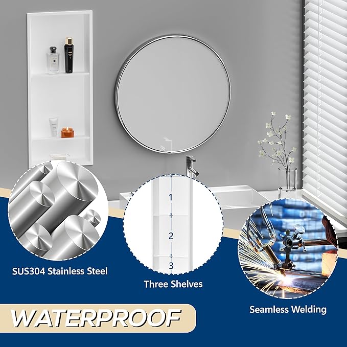 Stainless Steel Shower Niche 12" X 29", No Tile Needed Wall Niche Three-Tier Shower Niche Shelf, Recessed Niche Shower for Bathroom Storage, Matte White