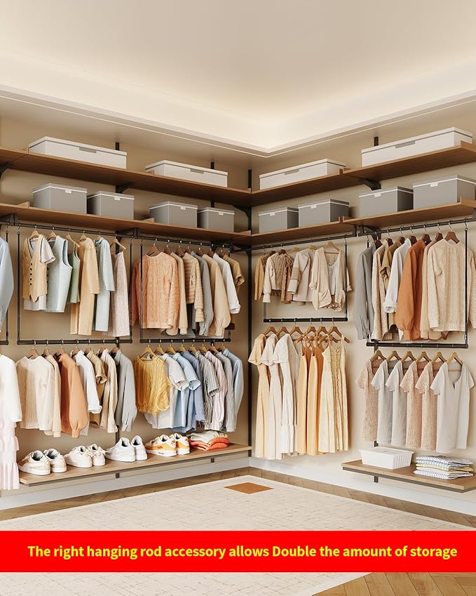 Closet Rods for Hanging Clothes 48'' Black Stepless height adjustment Heavy Duty Closet Rod for Optimize closet storage and organizing space