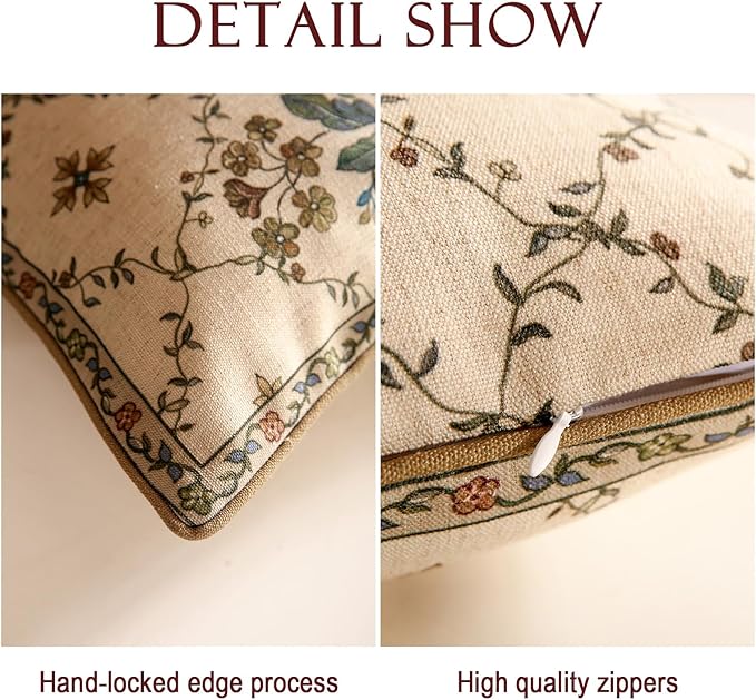 patdrea Designer Throw Pillow Covers Set of 2,Rectangle Vintage Light Brown Linen with Floral Pattern Pillow Cover,Decorative Lumbar Pillowcases Cushion for Bed Living Room Outdoor Car,12"x20"
