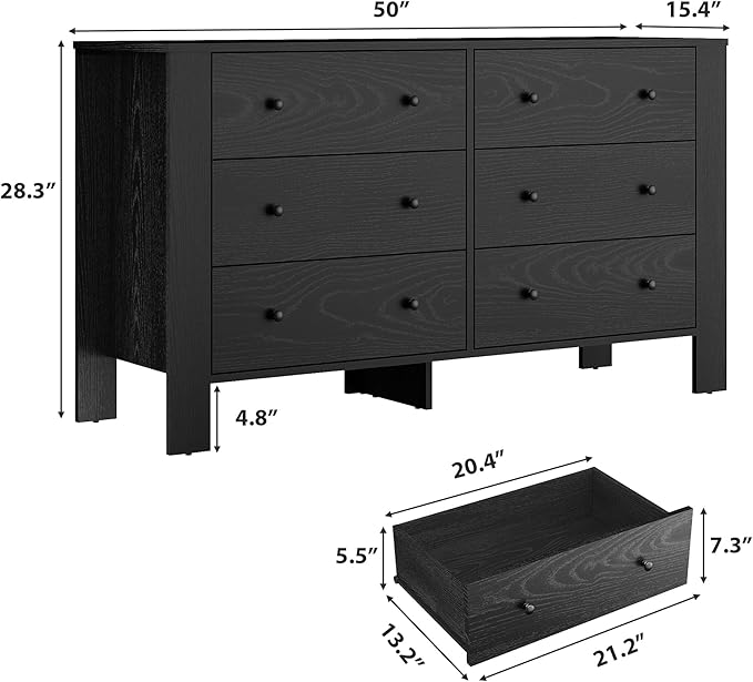 GarveeHome Black 6 Drawer Dresser for Bedroom, Modern Wide Dresser Organizer with Storage Drawers, Wooden Chests of Drawers for Bedroom, Entryway, Hallway, Home Office
