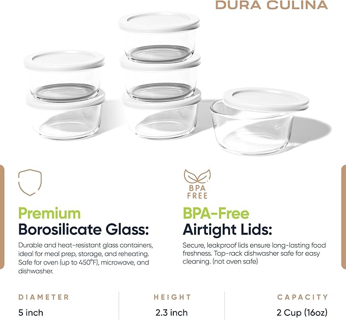 12-Piece Glass Food Storage Containers Set (6 Containers + 6 BPA-Free Lids) | 2-Cup, Leakproof | Microwave, Freezer, Oven & Dishwasher Safe | Ideal for Meal Prep & Pantry Organization