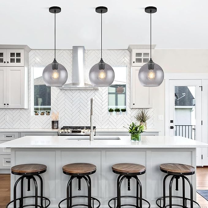 Gray Glass Pendant Lights Kitchen Island Lighting Globe Pendant Light Fixtures Modern Pendant Lighting for Kitchen Island Bedroom Living Dining Room Light Fixture-7.8in,2Pack