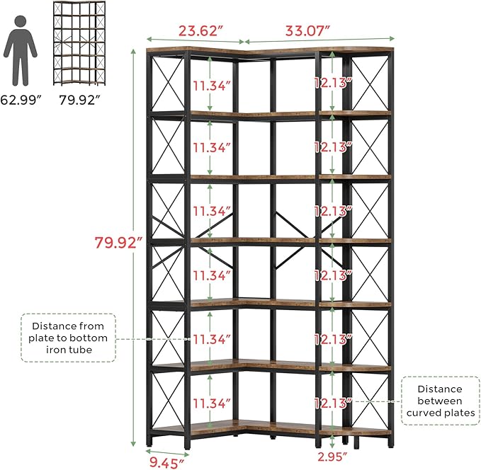 7-Shelf Reversible Corner Bookshelf, Modern Industrial Tall Bookcase, 7-Tier Large L-Shaped Storage Shelf Display Rack with Metal Frame for Living Room, Home Office, Bedroom, Rustic Brown