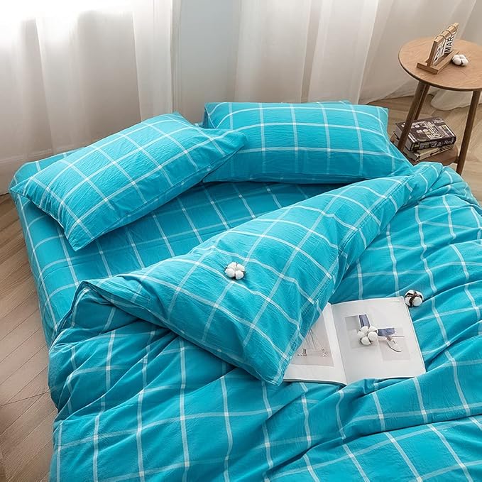 FACE TWO FACE Bedding Duvet Cover Set100% Washed Cotton Duvet Cover Linen Like Textured Breathable Durable Soft Comfy (Full, Turquoise Grid)