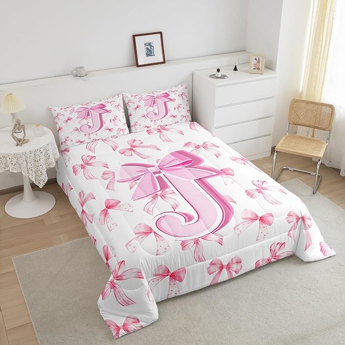 jejeloiu Kids Girls Cute Pink Bow Comforter Set Queen Size Monogrammed Bedding Set Ultra Soft Personalized Initial J Duvet Quilt Coquette Bow Knot Quilt Set Room Decor Modern Fashion Comforter
