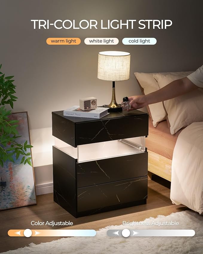 Bingoday LED Nightstands Set of 2 with 3 Drawers LED Bedside Tables Modern Night Stand with Acrylic Board Night Stand Set 2 for Bedroom