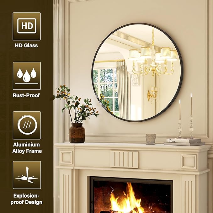 24 Inch Round Mirror - Circle Mirrors for Bathroom, Entryway and Living Room Wall Decor, Modern Hanging Vanity Mirror, Matte Black Circle Decorative Wall Mirror