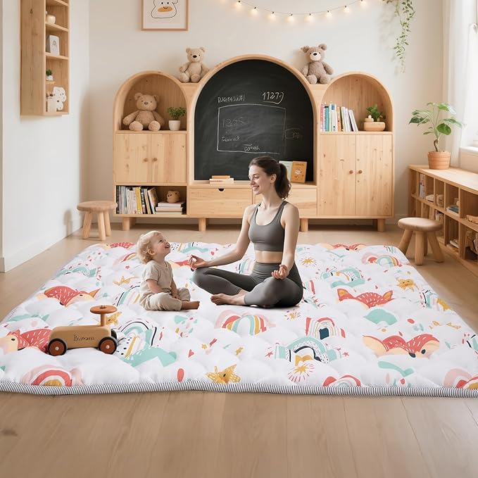 Baby Play Mat for Floor,50x50 Inch Soft Padding Crawling Mat for Playpen, Foldable and Machine Washable, Thick for Babies & Toddlers,Rainbow Fox