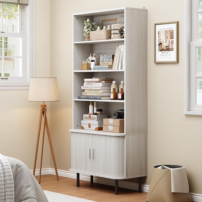 71" Tall Bookshelf, 4-Tier Bookcase with Storage Cabinet & Adjustable Shelves, Freestanding Wood Bookshelf with Sliding Door and Adjustable Footpad, for Home Office, Living Room, Natural White