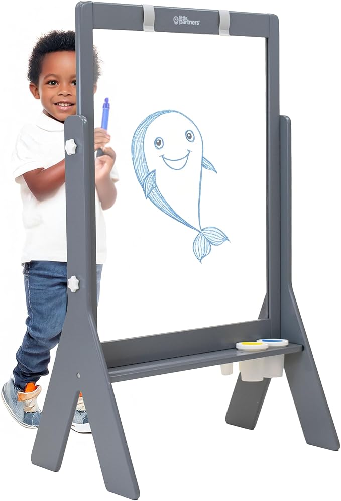 Little Partners Peek-A-Boo Art Toddler Easel, Children's Two-Sided Adjustable Height Clear Acrylic Paint Station for Kids with Built-in Storage, Eraser, Paint Containers (Earl Grey)