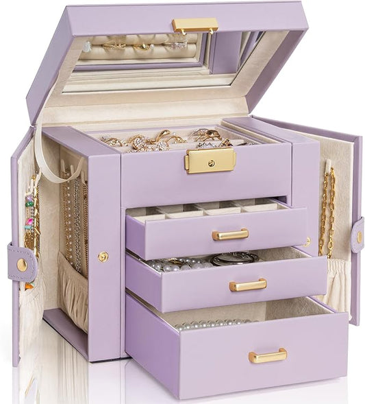 AKOZLIN 4-Tier Jewelry Box Leather Jewelry Storage Organizer with 3 Drawers Lockable for Women Girls Ring Necklace Earring Bracelet Holder with Mirror Purple