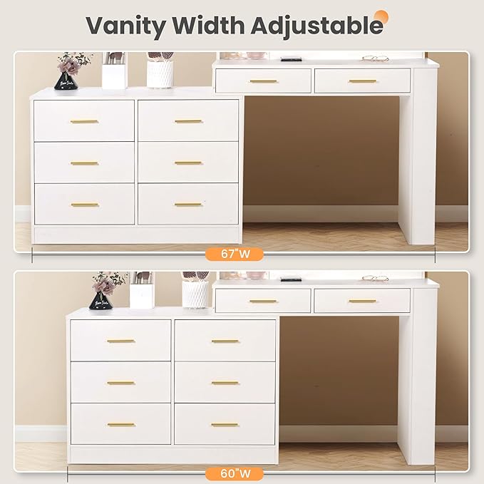 Pamapic 67" Vanity Desk with Mirror and Lights, Golden Handles 15 Storage Dresser with Mirror, 8 Drawers Makeup Vanity with Upgraded Silent Slides, Adjustable Width Corner Vanity Gift