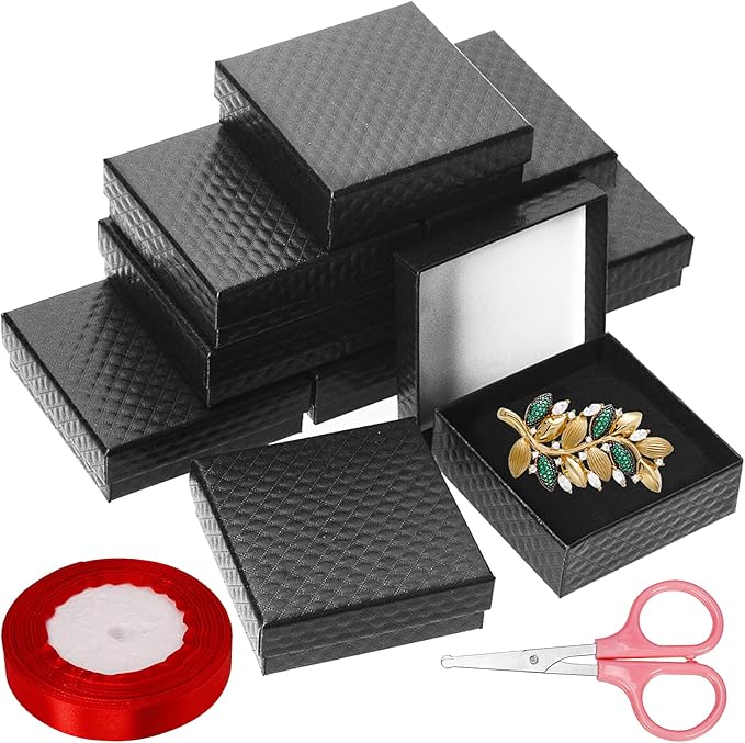 Glarks 12Pcs Black 9 x 9 x 3CM Cardboard Jewelry Gift Boxes with Pink Scissors and 1.5 x 225CM Red Polyester Ribbon Set, Diamond Pattern Necklace Earring Bracelet Boxes Gift Case Ideal