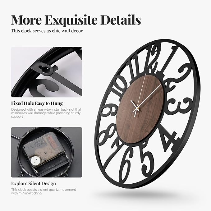 16 inch Wall Clock Battery Operated, Modern Round Big Wood Decorative Metal Wall Clock for Living Room, Non Ticking Silent Black Clocks, Bedroom, Kitchen, Farmhouse, Office Decor-Arabic Numerals