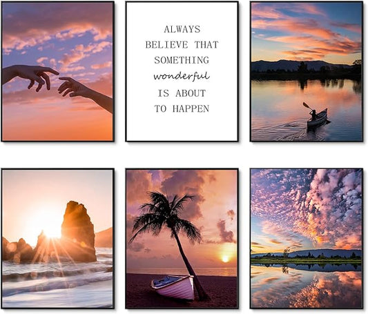 HoozGee Sunset Wall Art Prints Travel Photo Set of 6 Enjoy Dusk Dream View Picture Posters Gift for Photography Fans Nautical Themed Home Decor for Living Room Wall Decor (11"x14" UNFRAMED)